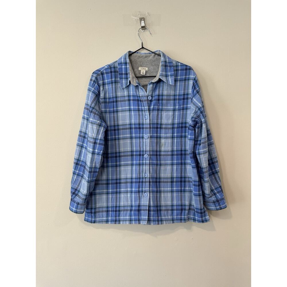 L.L. Bean Blue Plaid Fleece Lined Shacket Shirt/Jacket Cotton Size Medium 2631